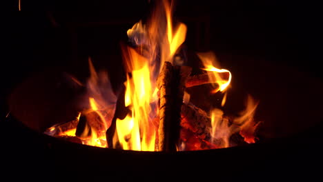 le fiamme del falò bruciano legna da ardere arancione brillante durante la notte al campeggio all'aperto
