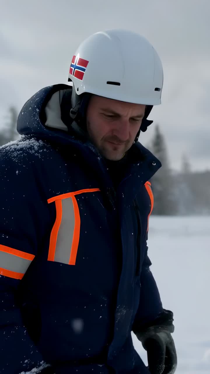 Vertical video: Gripping metal handle, worker securing winch then walking on snow, in hi-vis jacket