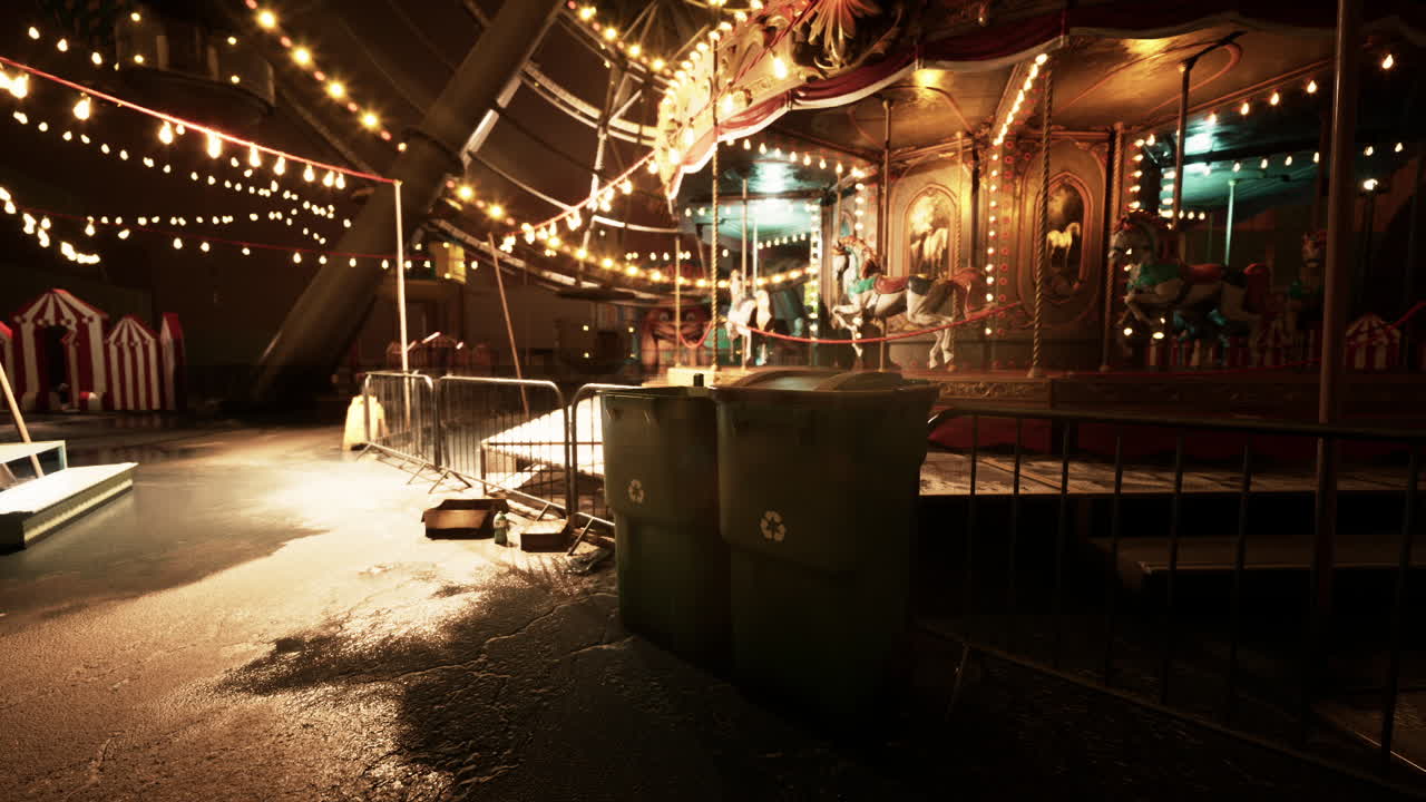 Empty amusement park at night with illuminated carousel and trash bins