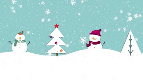 Animation-of-winter-scenery-with-two-happy-snowmen-and-christmas-trees-on-blue-background