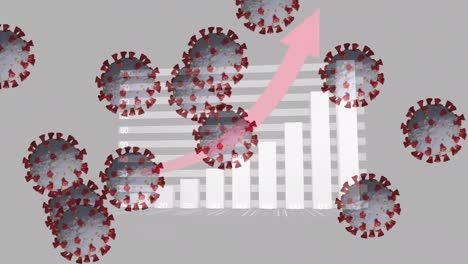 animación digital de múltiples células de covid-19 contra el procesamiento de datos estadísticos en fondo gris
