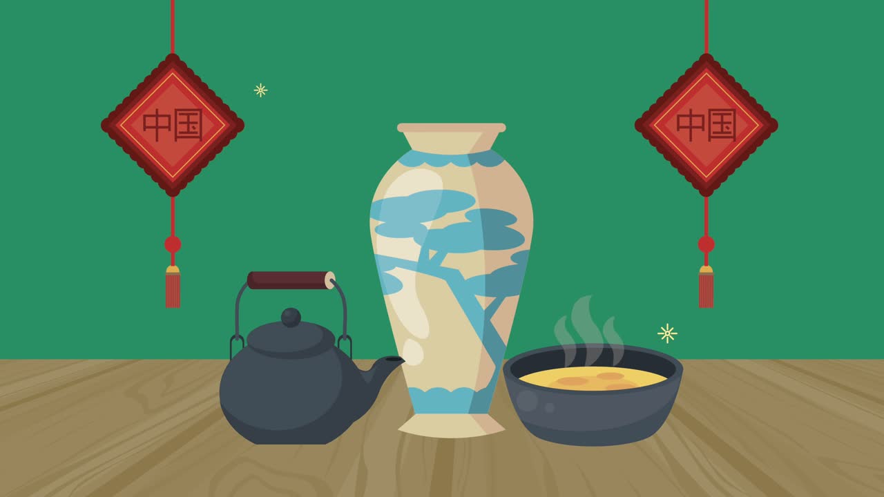 chinese celebration animation with jar and utensils
