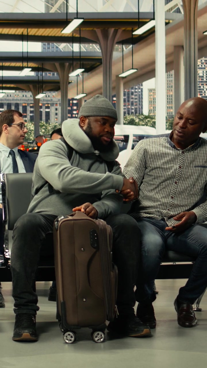 Diverse men travelers in modern station hall waiting for interstate departures