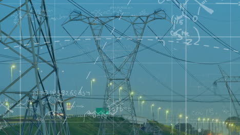 mathematical equations and diagrams animation over power lines and electrical towers