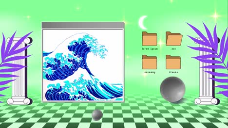 retro vaporwave poster with user interface elements and vintage comics illustrations. green abstract aesthetic background. 2d animation.
