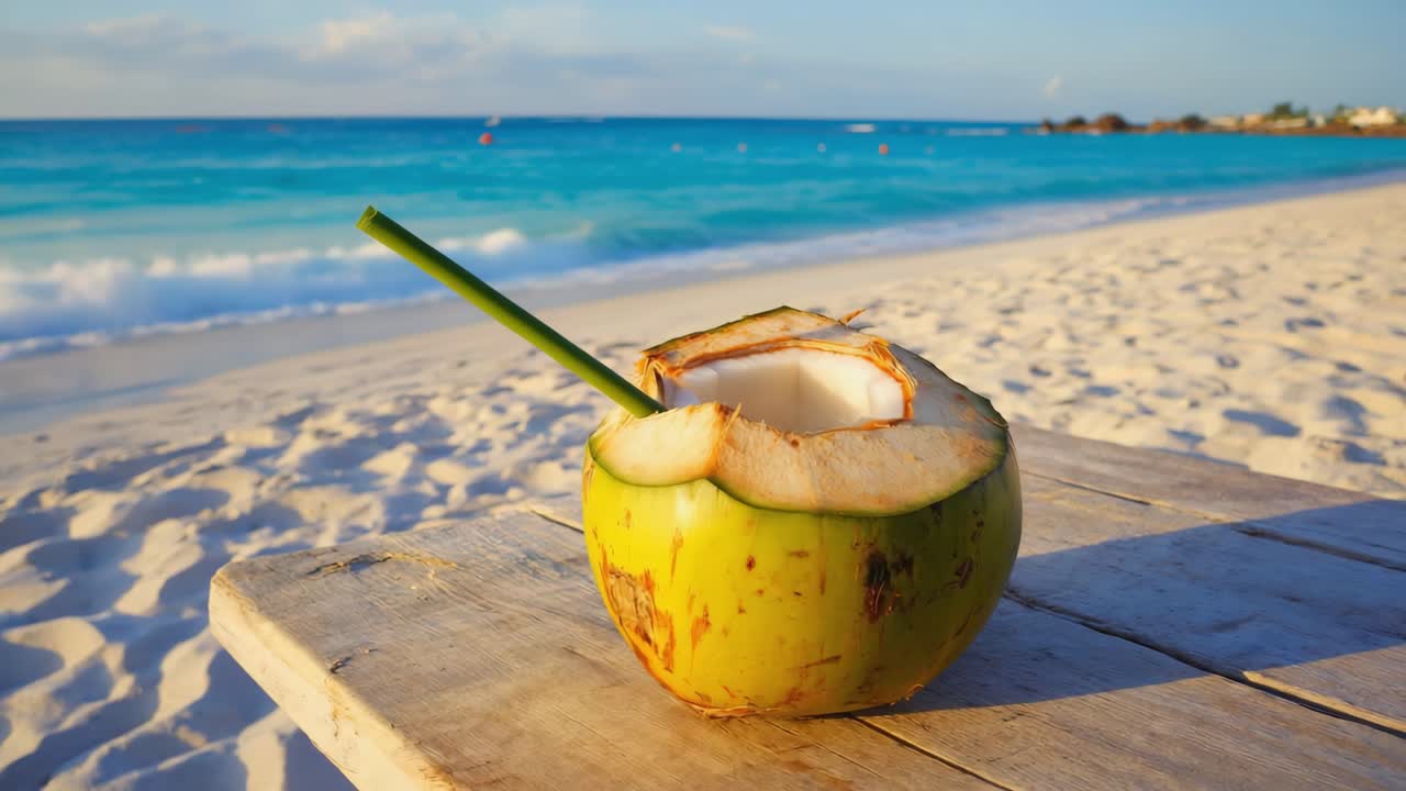 Fresh green coconut with a straw on a wooden table on a white sand beach facing a beautiful turquoise sea, enjoying a refreshing tropical drink