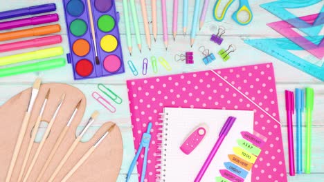 back to school stop motion. school supplies appear on wooden table