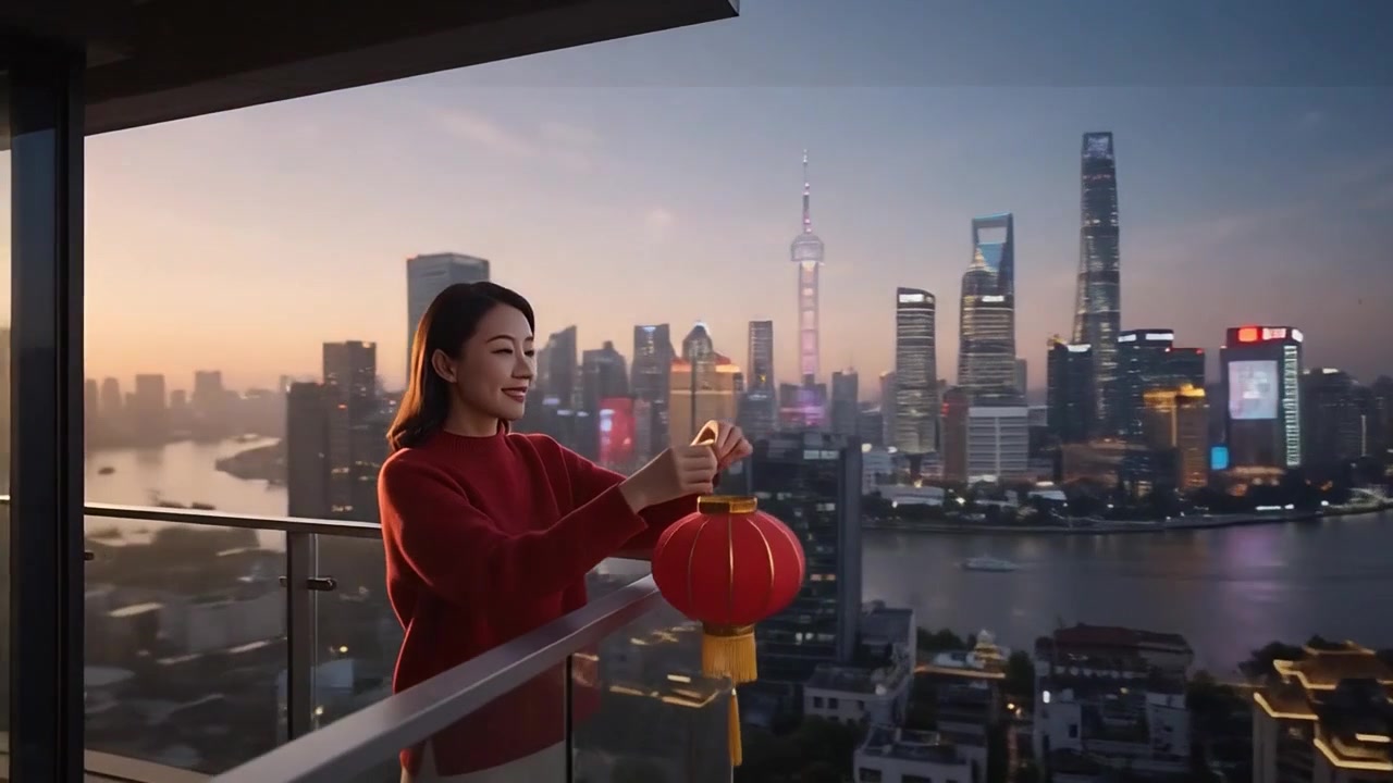 Jovem Mulher Pendurando Lanterna Vermelha em Varanda com Vista para o Horizonte de Xangai ao Nascer do Sol
