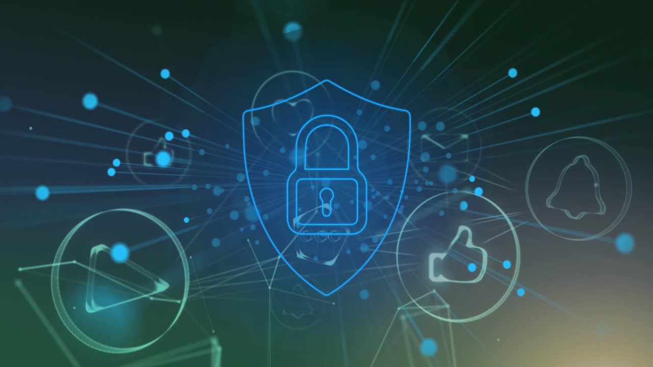 Animation of floating dots, padlock in shield icon in circles connected with lines
