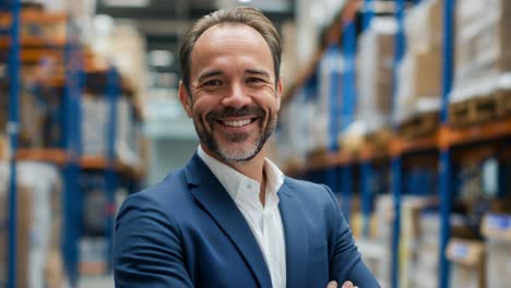 confident male entrepreneur standing confidently with crossed arms inside spacious warehouse, radiating professional success and workplace satisfaction
