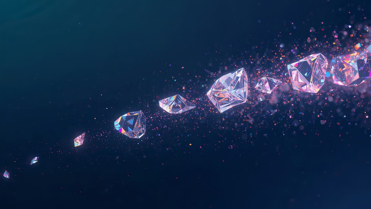 Appearing from left faceted crystals moving diagonally toward camera navy gradient with bokeh cloud