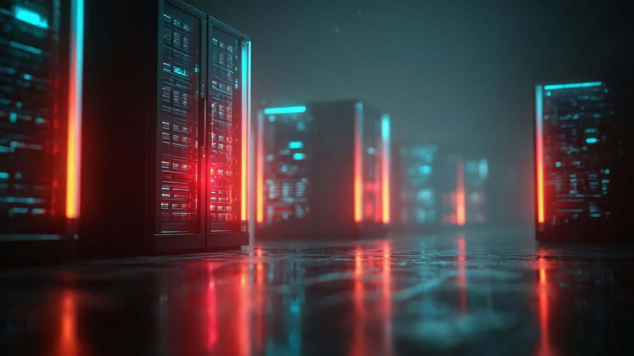 A Futuristic Data Center Featuring High-Tech Server Racks Illuminated by Vibrant Lights, Creating an Atmospheric Scene of Advanced Technology and Digital Infrastructure