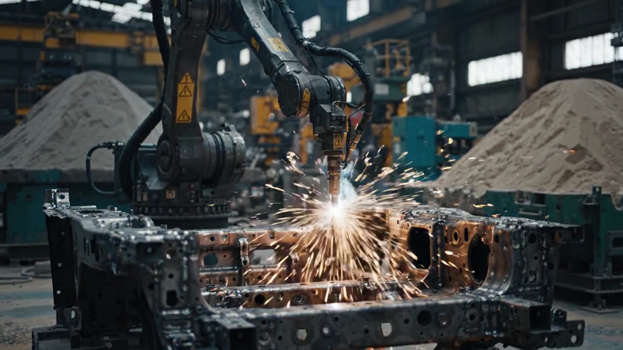 Robotic Arm Welding Sparks in Industrial Manufacturing Setup Showcasing Precision Engineering and Metal Fabrication in a Modern Factory Environment
