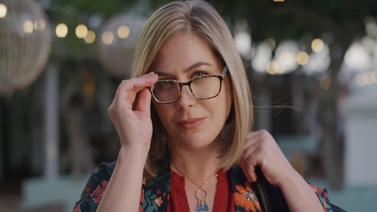 retrato hermosa mujer de negocios se pone gafas disfrutando de un estilo de vida urbano exitoso profesional rubia mujer empresaria en la ciudad cámara lenta