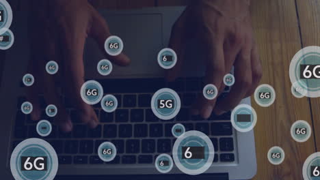 Typing on keyboard, hands interacting with floating 6G technology animation