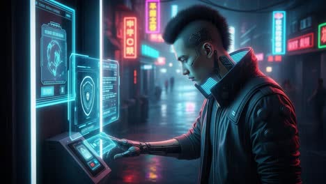 a cyberpunk encounter: a futuristic figure engaged with technological interface in a neon-lit urban landscape