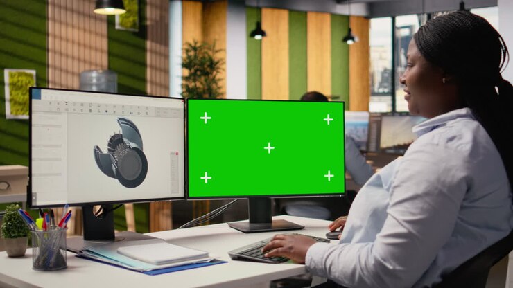 Ricercatore di energia eolica analizza un componente di turbina su PC con schermo verde