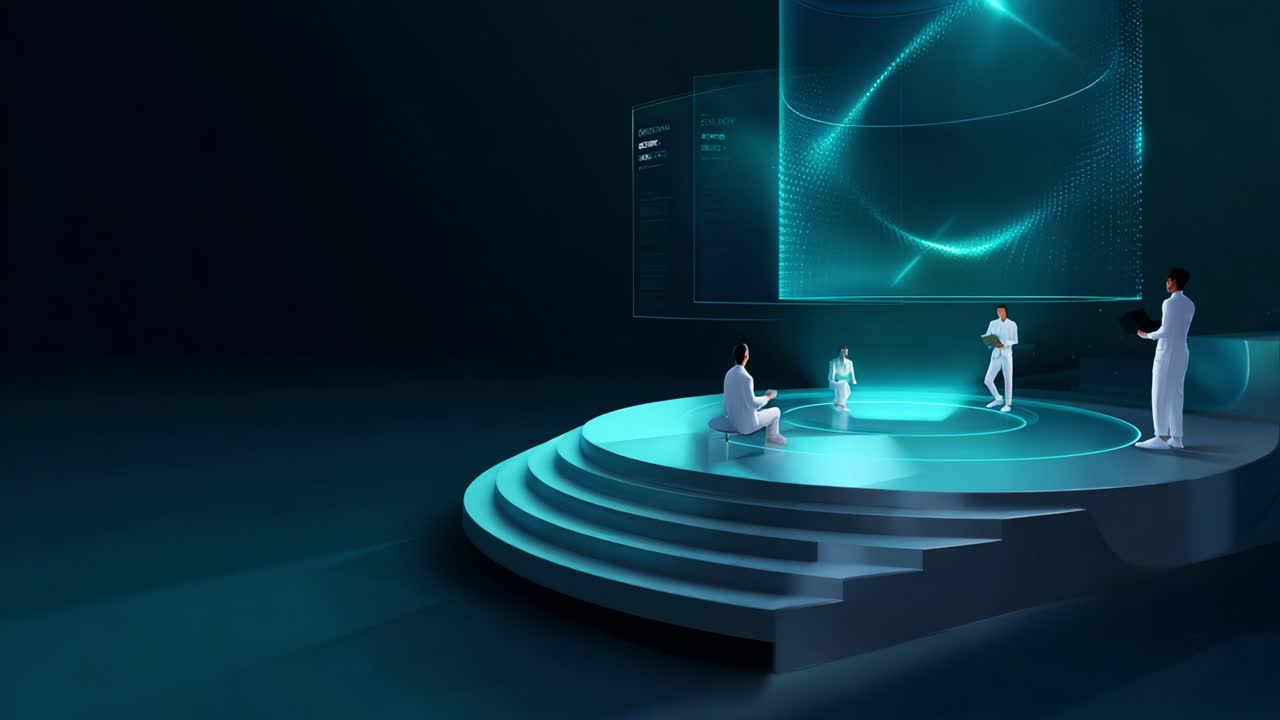 En futuristisk scene, der viser en gruppe personer, som er engageret i en digital dialog på en holografisk scene, der er belyst af bløde blå lys og avanceret visuel teknologi, som præsenterer abstrakte grafikker