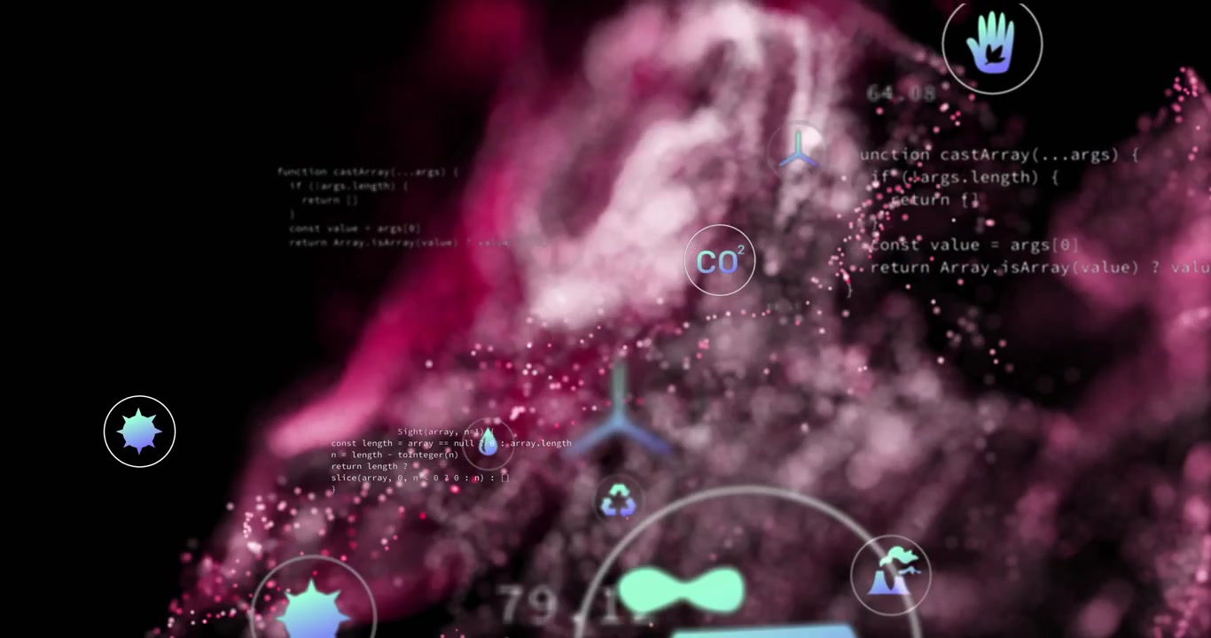 Swirling particle cloud showing floating code snippets and circular eco icons in 3D animated render