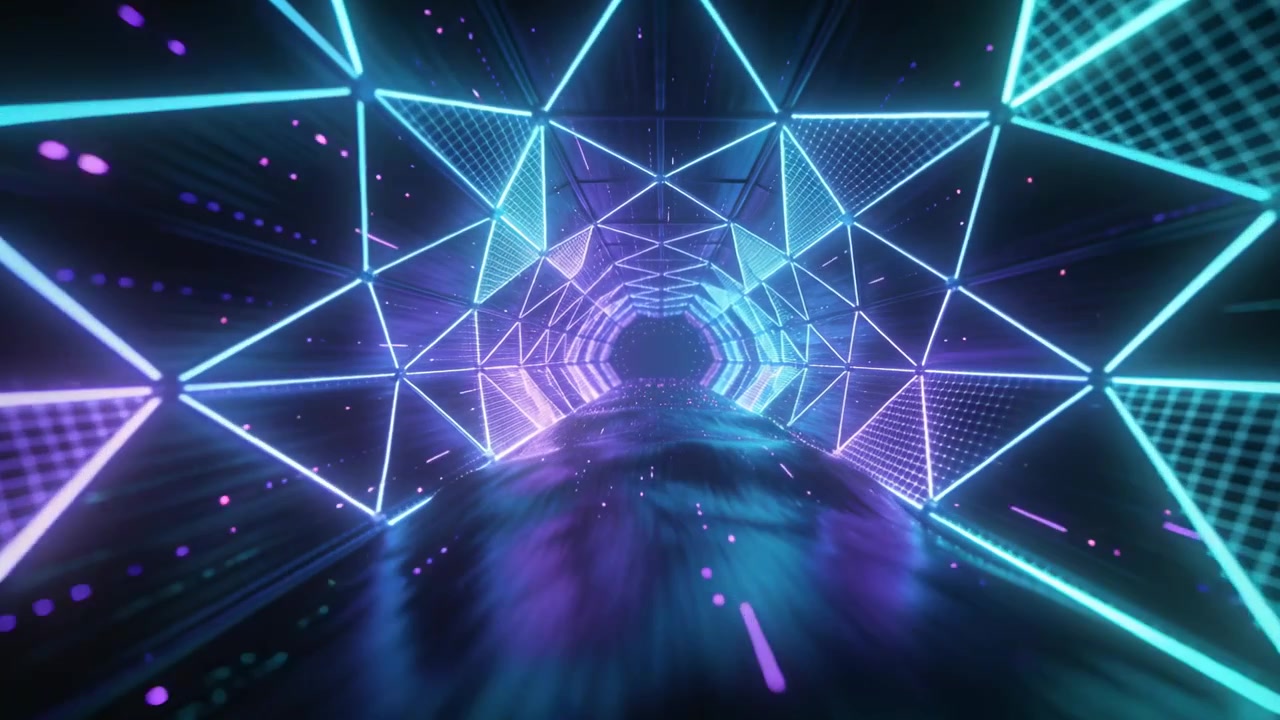Telecamera che si avvia, muovendosi attraverso un tunnel al neon verso il punto di fuga, mostrando una griglia esagonale e particelle.