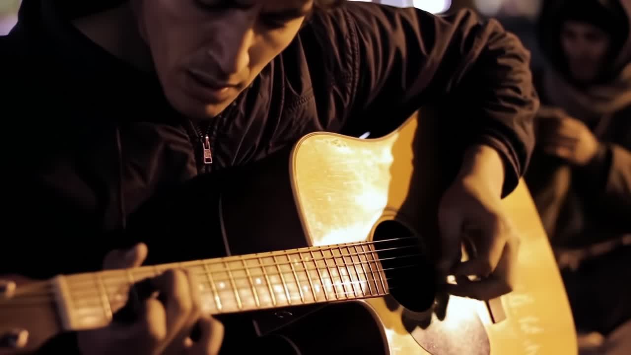 A Dedicated Musician Strums Beautiful Melodies on an Acoustic Guitar in a Serene Outdoor Setting, Capturing the Essence of Passion and Craftsmanship Under Soft Lighting