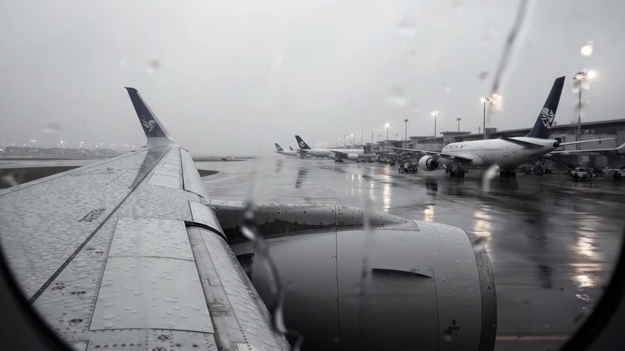 Una partenza cupa: tempo piovoso e aerei all'aeroporto visti da un finestrino dell'aereo durante una giornata tempestosa