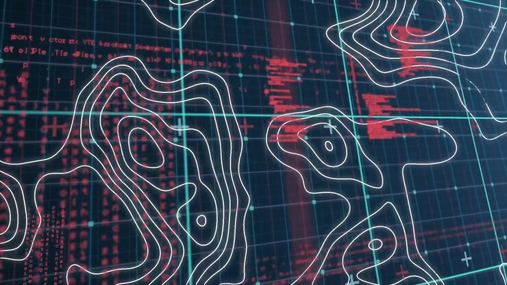 Animation of data processing, white map lines over grid
