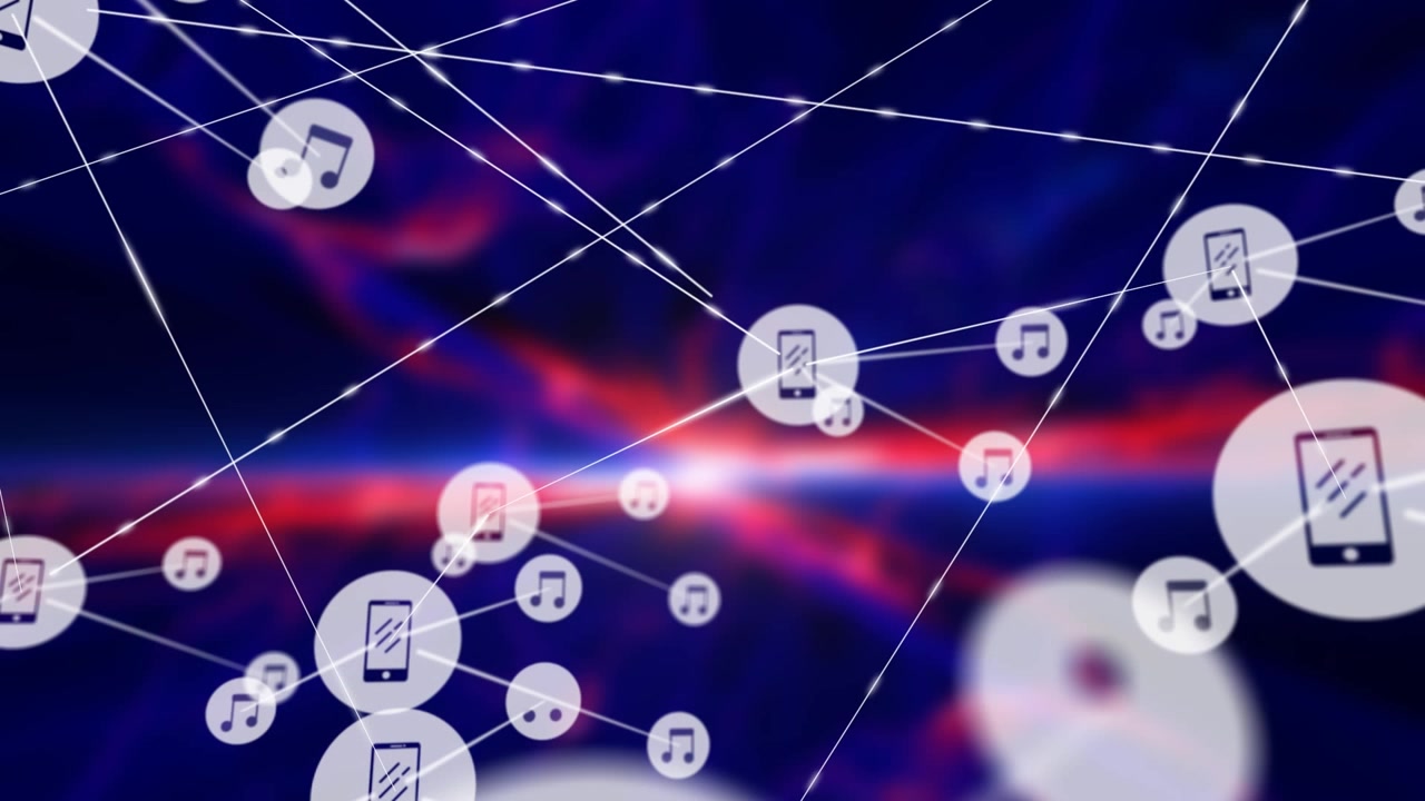 Connessione di rete digitale con smartphone e icone musicali.