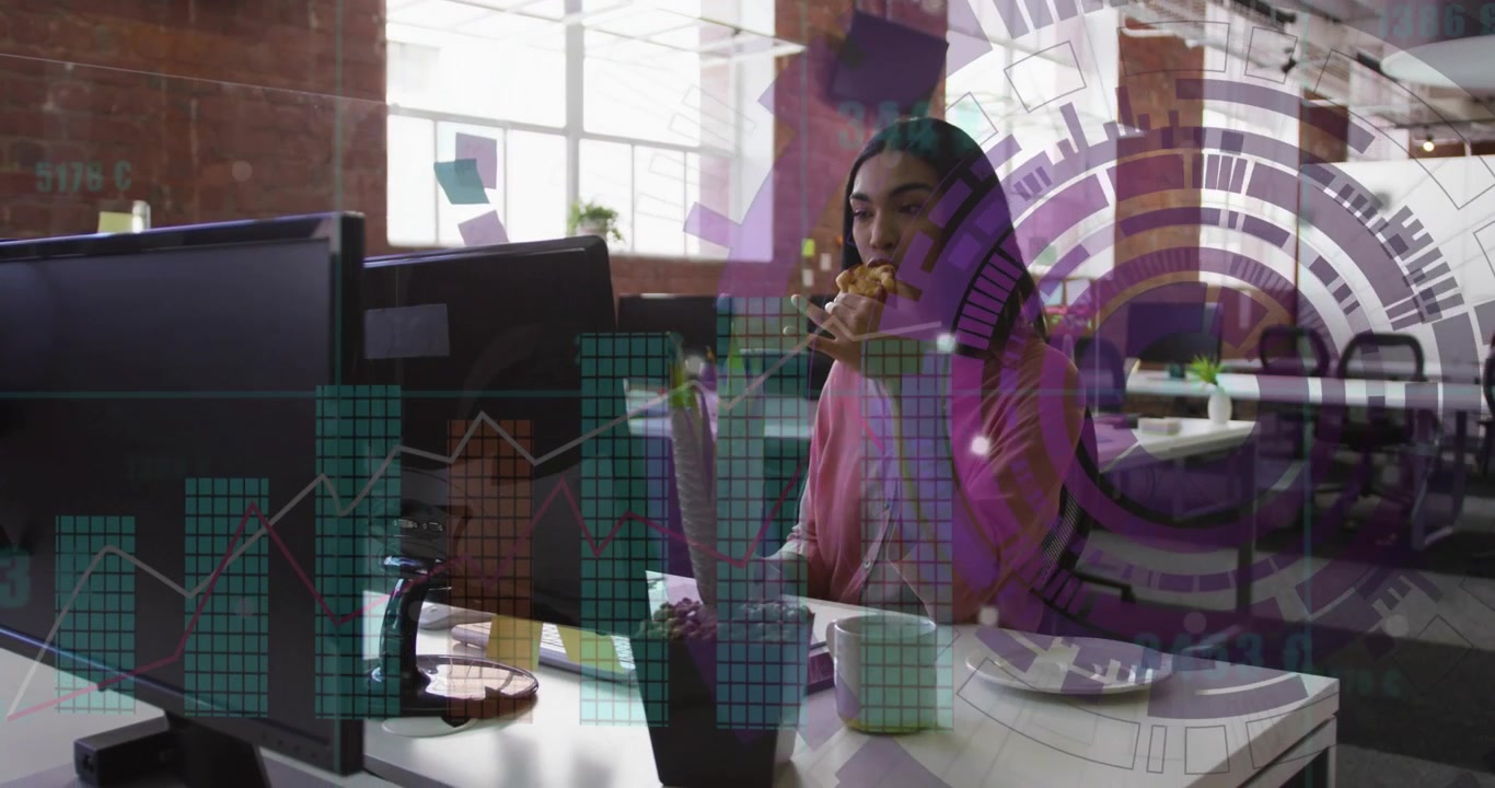 Business woman lifting pizza slice and eating while monitoring screens, HUD overlays show analytics