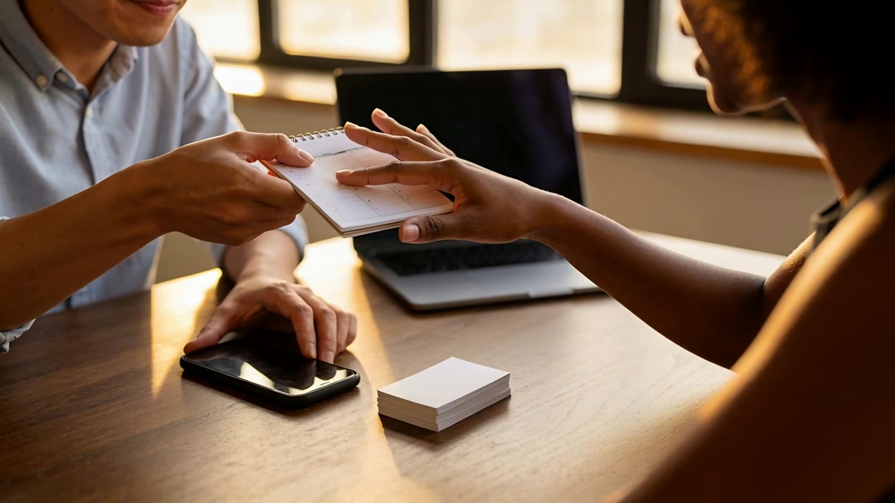 Offering seated man holding spiral notepad during office meeting, woman pointing to confirm notes