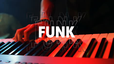 animation of funk text over man playing the piano