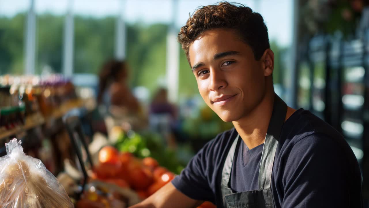 Young man with an engaging smile working at a vibrant market stall surrounded by fresh fruits and vegetables, highlighting his friendly demeanor and dedication to providing quality produce for customers