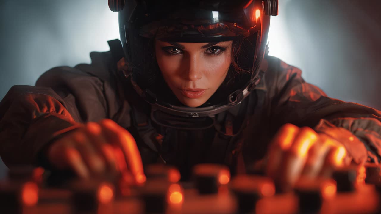 Focused Astronaut in High-Tech Environment Engaged with Control Panel for Mission Operations, Exuding Determination and Skill in a Futuristic Setting