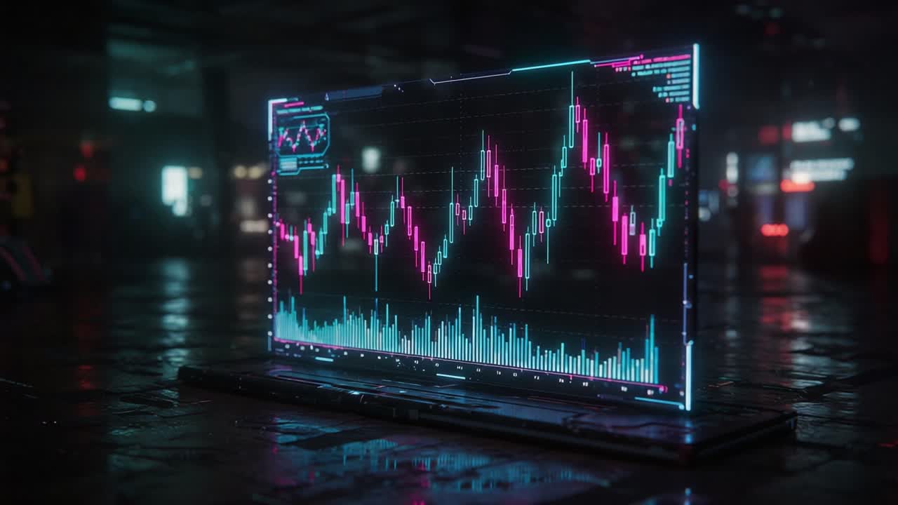 A Dynamic Visual Representation of Market Data: An Intricate Graph Showcasing Price Fluctuations with Vibrant Colors and Detailed Analytics in an Urban Setting