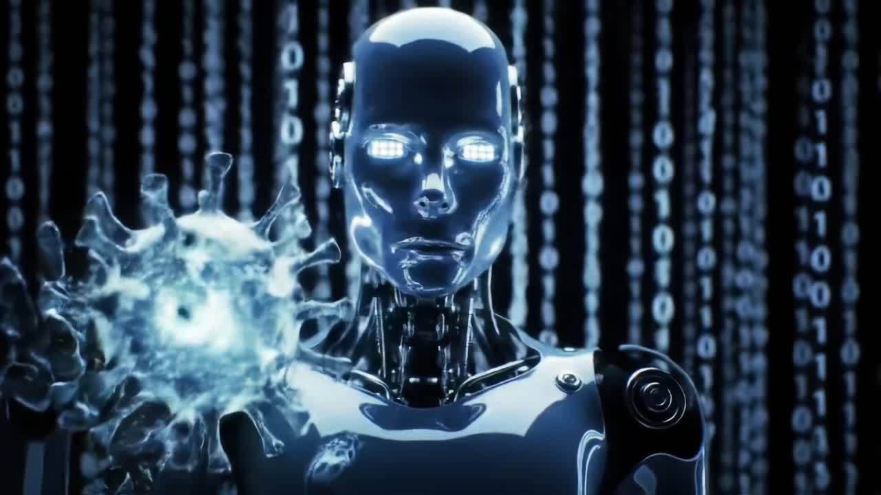 A futuristic robot stands amidst a digital backdrop, showcasing a glowing virus representation in its hand, symbolizing the intersection of technology and biology