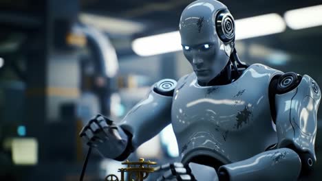 Futuristic Robot in a High-Tech Workshop: A Glimpse into Advanced Artificial Intelligence and Robotics, Showcasing Precision and Innovation in Mechanical Design