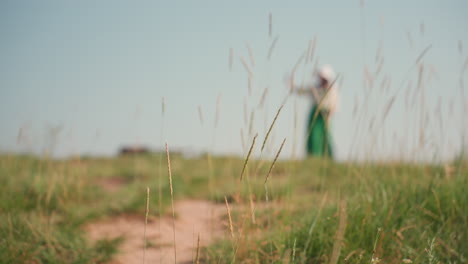 golden strands of tall grass sway gently in warm sunlight along narrow dirt path while blurred figure stands in soft background, evoking peaceful countryside moment under bright blue sky