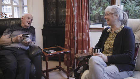 elderly couple conversing in a living room