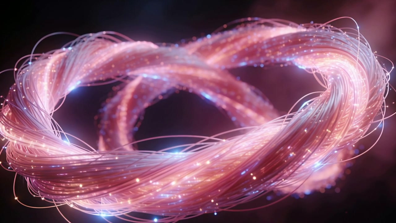 Abstract Glowing Fiber Optic Cables Forming a Twisted Loop
