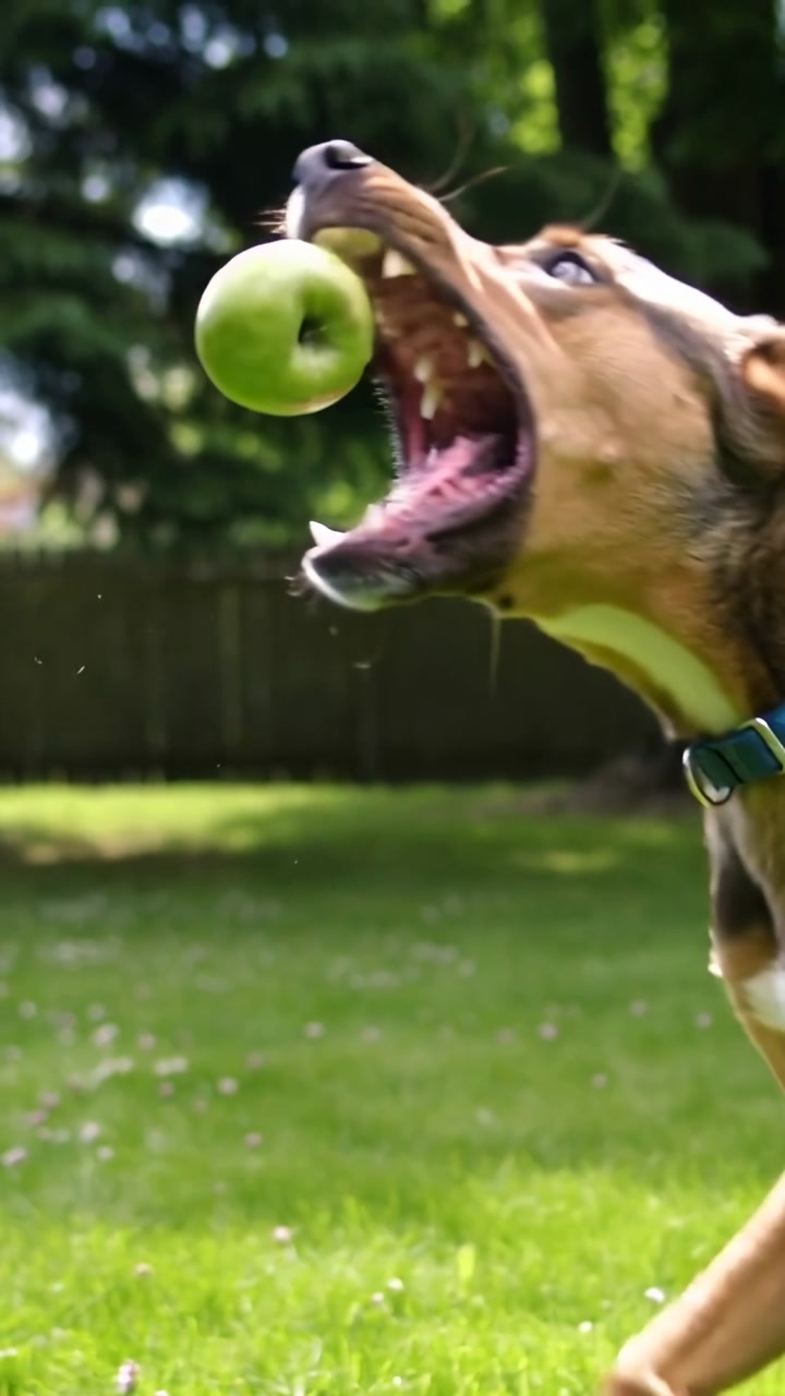 Vertical video: Leaping tan dog wearing blue collar catching falling green apple on lawn drooling