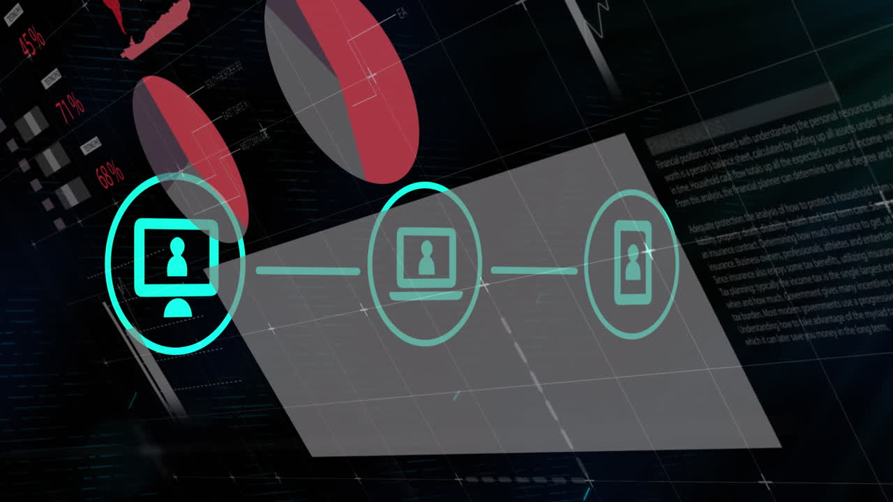 검은색 배경에 인포그래픽 인터페이스를 가진 아이콘의 플로우 차트의 애니메이션