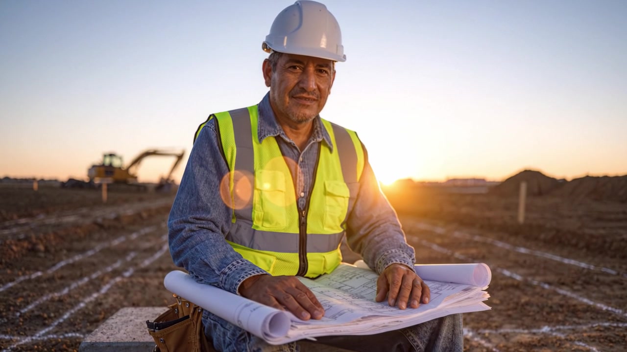 Trabalhador da construção civil dedicado revisando plantas em um canteiro de obras ao pôr do sol, destacando a importância do planejamento e desenvolvimento na indústria da construção.
