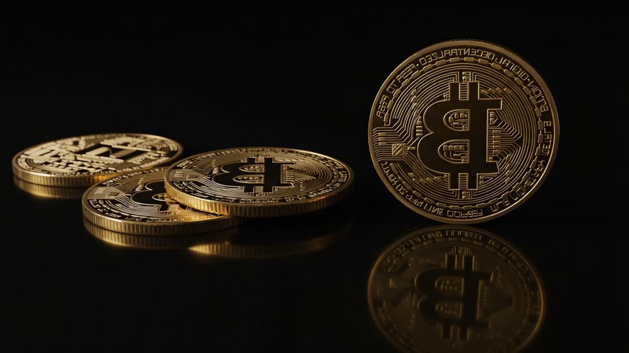 A Glimmering Display of Gold Coins: The Iconic Symbol of Cryptocurrency, Showcasing the Intricate Design and Value of Digital Currency in a Rich Black Background