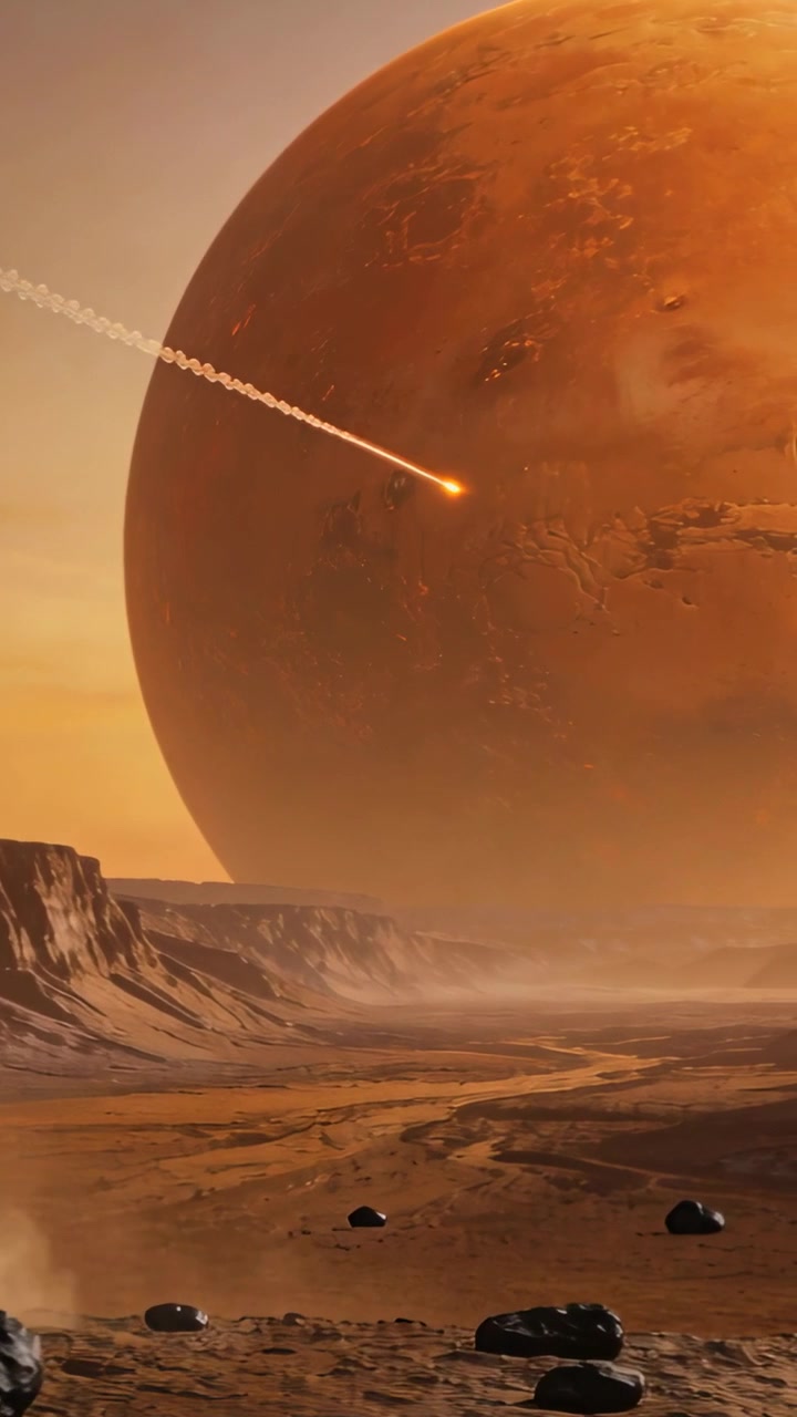 Video verticale: Enorme pianeta arancione che incombe su una pianura, meteora che entra da sinistra e rilascia detriti.