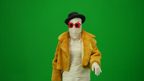 glamorous mummy in orange coat hat and sunglasses walking gracefully towards the camera as if it's - glamorous mummy in orange coat, hat and sunglasses walking gracefully towards the camera. green screen isolated chroma key full length video, mock up, workspace for your advertisement. full length