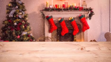 Blurred-living-room-decorated-for-christmas-combined-with-falling-snow