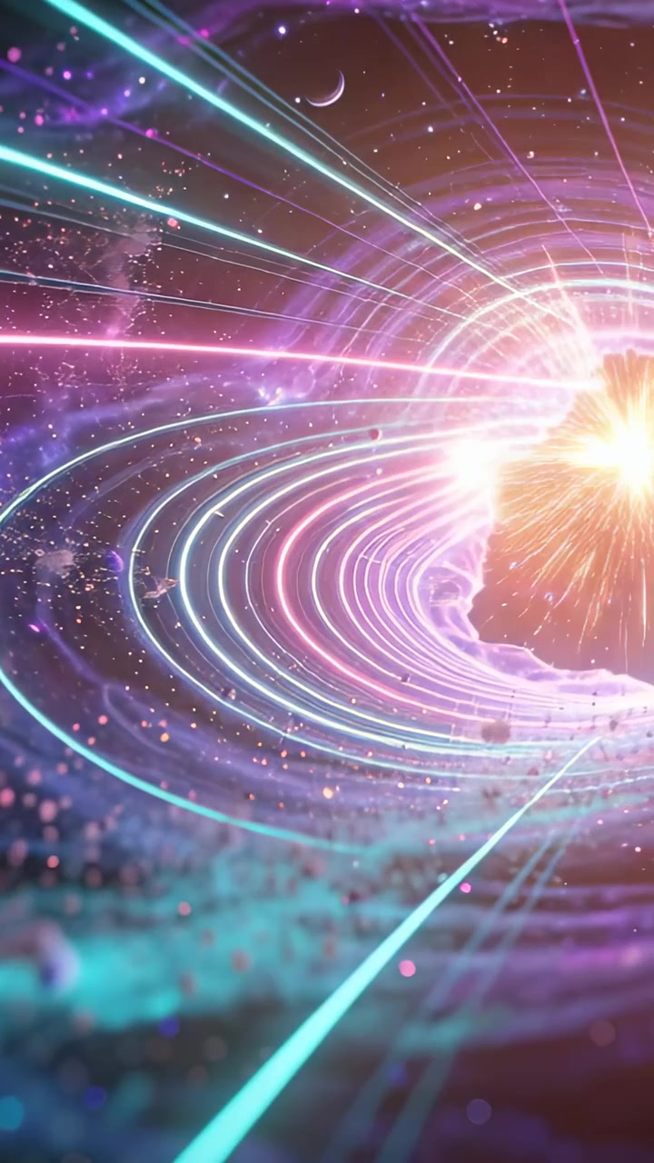 Video verticale: Nucleo luminoso che spinge la telecamera a muoversi attraverso un tunnel spaziale con anelli al neon e detriti.