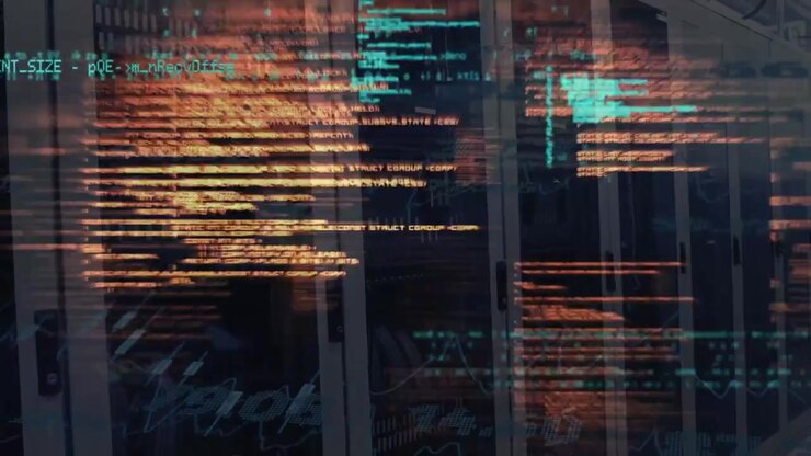 Animation of computer language against server room in background