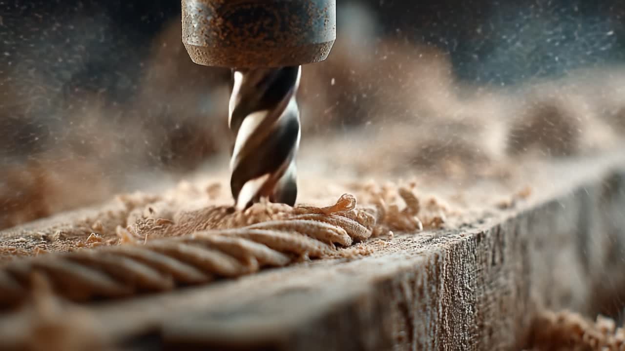 Die Kunst der Holzbearbeitung entdecken: Eine Nahaufnahme eines Bohrers, der präzise durch Holzspäne in einer Werkstattumgebung schneidet und die beteiligte Handwerkskunst demonstriert.