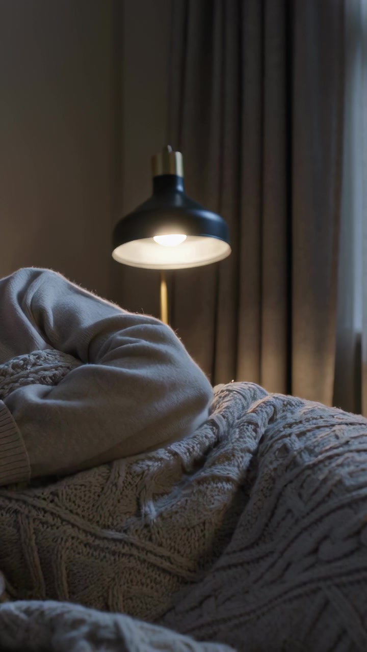 Vertikal video: Åndende person bevæger sig forsigtigt på sengen derhjemme med lampe, striktrøje, plads til tekst.